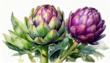 Obraz premium Artichokes green and purple watercolor illustration isolated on white transparent background.
