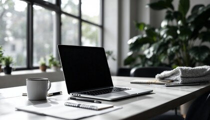 Workspace Serenity: A modern workstation setup, a sleek laptop, and a serene workspace. The scene is captured with soft, natural lighting. 
