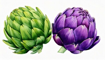 Obraz premium Artichokes green and purple watercolor illustration isolated on white transparent background.
