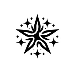 Abstract Tribal Star Graphic Symbol with Organic Swirls and Sparkles - Black and White Mystic Design Element