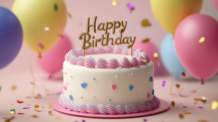 Festive Birthday Cake with Colorful Balloons and Golden Topper, A colorful birthday cake with pink frosting, heart-shaped decorations, and the words "Happy Birthday" on top, surrounded by balloons.