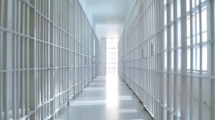 A long prison corridor with white bars and light from a distant window.