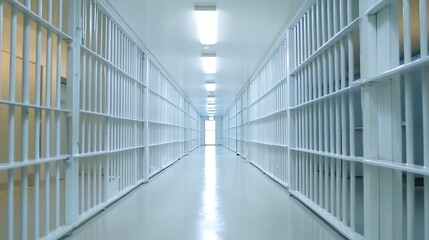 A long prison corridor with white bars and light from a distant window.