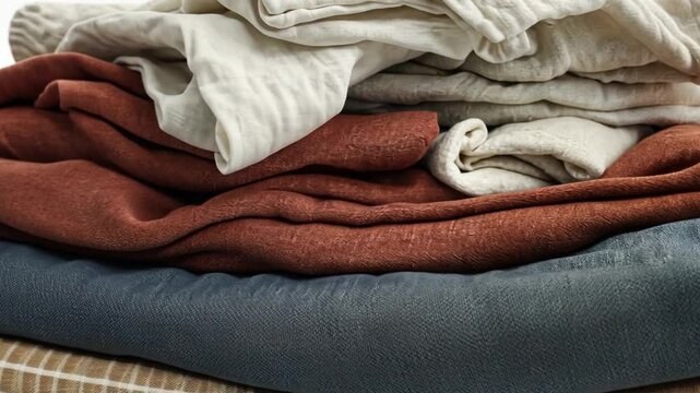 This footage showcases beautiful linen fabric. Ideal for home decor or fashion designs. Discover the unique textures and calming colors. Perfect for creative projects. Generative AI