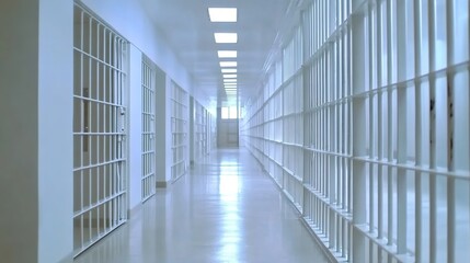 A long prison corridor with white bars and light from a distant window.