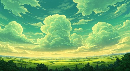 Green Field Landscape with Dramatic Clouds and Sky Anime Illustration