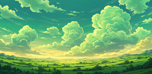 Fototapeta premium Green Field Landscape with Clouds Artistic Illustration of Serene Countryside