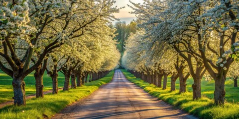 Obraz premium Serene Springtime Driveway Lined with Blossoming Trees at Golden Hour