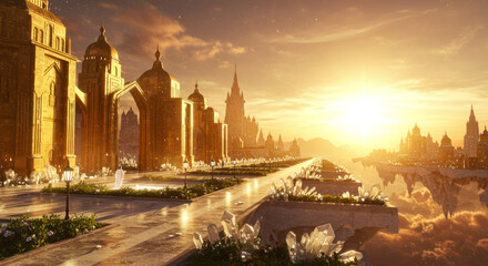 Golden City at Sunset with Person Walking and Flying Vehicles