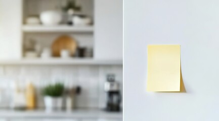 Yellow sticky note on a white wall with blurred kitchen cabinets and utensils.