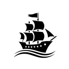 Classic Black Silhouette Sailing Ship Icon on Waves