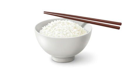 Rice in a bowl is seen along with chop sticks ready for eating, illustrating a traditional, convenient and straightforward food.