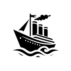 Vintage Steamship Ocean Liner Black and White Vector Illustration on Waves. Classic Nautical Travel Icon Graphic Element.