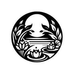 Peaceful Circle Nature Design: Lotus Flowers and Water Reflection in Black and White Graphic Art