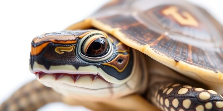 Close-up detailed view of a turtle's head and shell, showcasing intricate patterns and textures