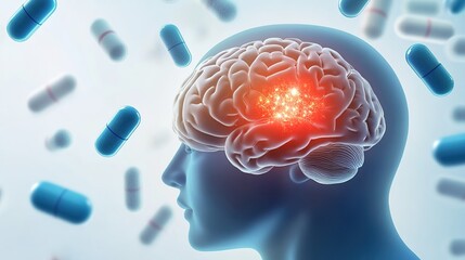 Side-view of a human head with detailed brain, floating capsules, and glowing neural areas.