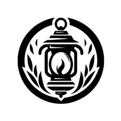 Monochrome Graphic Emblem - Vintage Camping Lantern Symbol with Leaves in Circle