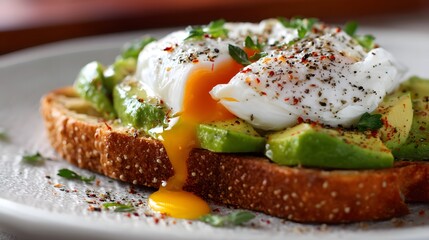 Delicious Avocado Toast with Poached Eggs Garnished with Fresh Herbs and Spices on a Plate
