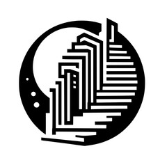 Black and White Geometric Abstract Cityscape Emblem in Circle