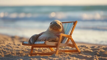 A seal relaxes on a beach chair by the ocean, enjoying the sunshine and sandy shore in a peaceful, whimsical scene.