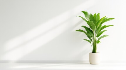 A lush green potted plant standing alone against a minimalist white wall, casting soft shadows, and serene and tranquil indoor setting.