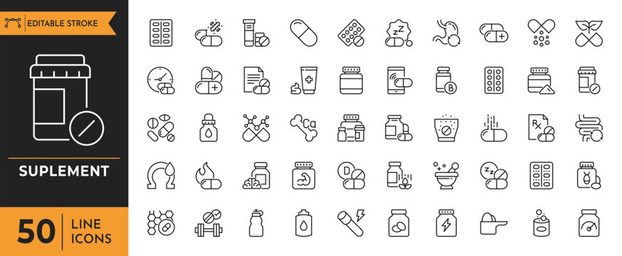 Suplement outline icon set. Contains icons related to Vitamins and Nutritional Supplements. Editable stroke. Vector illustration