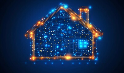 Smart home symbol on a blue background representing wireless technology A flatstyle vector illustration of a house symbolizing connectivity and automation