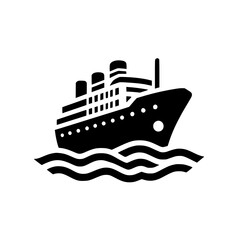 Obraz premium Minimalist Black Cruise Ship Icon Sailing on Waves - Perfect for Travel, Tourism, Vacation Graphics