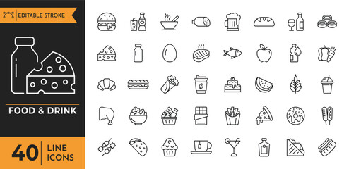 Food and drink line icon set. Linear icon collection. Editable stroke. Vector illustration