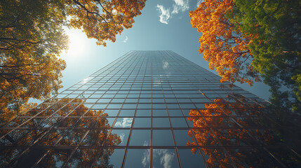 modern high rise building with reflective facade surrounded by vibrant autumn trees