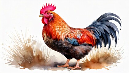  Chicken Hen Rooster Beautiful Elegant Watercolor Illustration Isolated on White Background