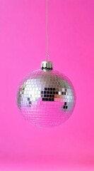 Fototapeta premium Mirrored disco ball hanging against a pink background.
