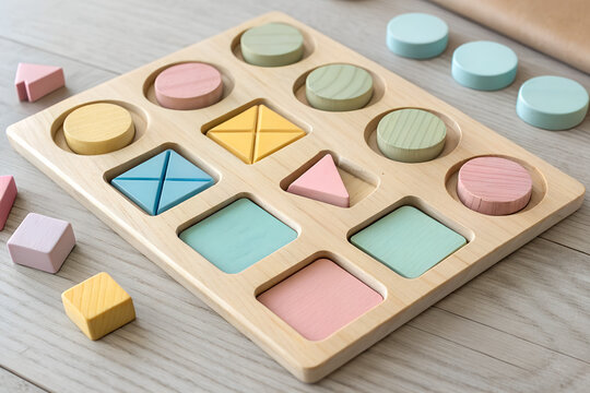 A natural wooden shape sorting puzzle featuring various geometric pieces in soft pastel colors. Each shape fits snugly into its matching slot on a smooth wooden board. A perfect early-learning toy tha