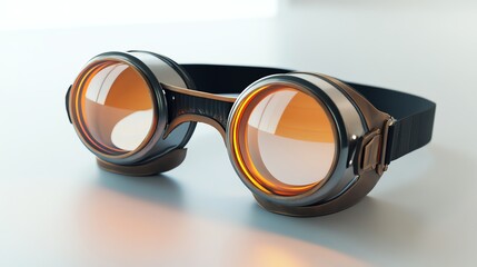 Sturdy vintage-style protective goggles with orange-tinted lenses and an adjustable black strap resting on a light surface.