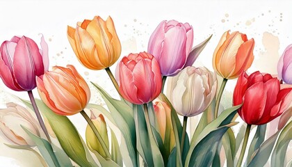 Obraz premium tulips,flowers,watercolor,nature,floral,botanical,elegant,spring,bloom,art,soft,white,petals,painting,blossom,colorful,decoration,delicate,illustration,romantic,beautiful,garden,aesthetic,design,vibr