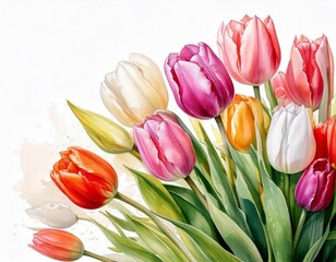 Obraz premium tulips,flowers,watercolor,nature,floral,botanical,elegant,spring,bloom,art,soft,white,petals,painting,blossom,colorful,decoration,delicate,illustration,romantic,beautiful,garden,aesthetic,design,vibr