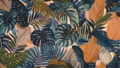  Exotic jungle plants illustration template. Leaves. Creative collage modern seamless pattern.