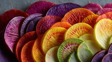 Naklejka premium Vibrant rainbow radish slices create a colorful food background pattern