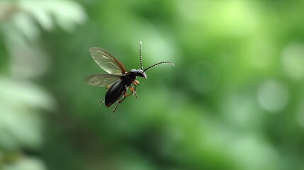 Fototapeta premium Black beetle flying in air with wings open, soft light highlighting its glossy body and dynamic movement