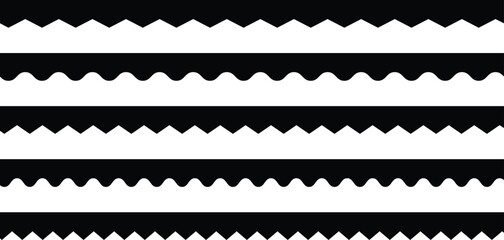 Horizontal zig zag line. Scalloped edge vector. Seamless line zigzag pattern design. Simple scalloped border, texture ribbons, seamless pattern Vector illustration. Zigzag stripes set. 