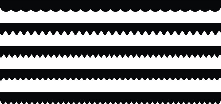 Horizontal zig zag line. Zigzag stripes set. Scalloped edge vector. Seamless line zigzag pattern design. Simple scalloped border, texture ribbons, seamless pattern Vector illustration. 