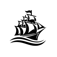 Stylized Black Sailing Ship Logo with Dynamic Waves - Nautical Symbol of Adventure and Voyage