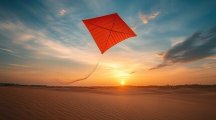 Red kite flying sunset desert landscape