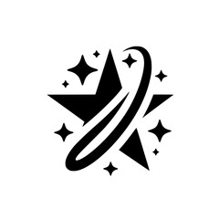 Stylized Black Star Icon with Dynamic Orbit and Sparkles - Celestial Symbol