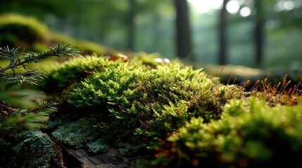 Green moss across peaceful landscape with natural beauty concept. Lush green moss covering a forest floor, illuminated by soft light.