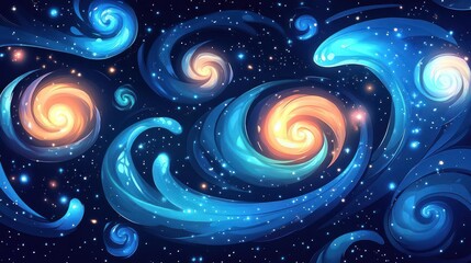 A vibrant cosmic scene featuring swirling galaxies and stars in a deep space background.