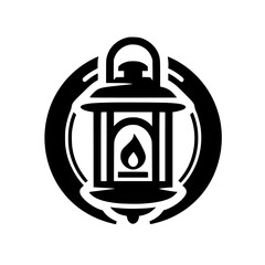 Minimalist Retro Lantern Icon with Flame in Circle - Graphic Design Element