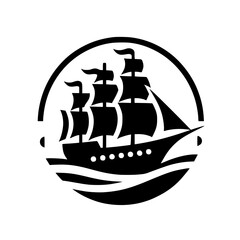 Vintage Sailing Ship Emblem in Circle with Waves - Black and White Graphic Icon Design