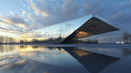 Modern office building with mirrored windows reflecting sky and surroundings