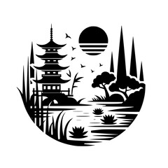 Black & White Japanese Pagoda Silhouette Illustration - Zen Landscape with Lake, Lotus, Birds, Sun